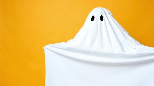 Person wearing ghost sheet costume against an orange backdrop for Halloween party decoration, spooky theme and seasonal celebration
