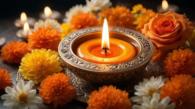 Ornate hand-painted ceramic diya with marigold and chrysanthemum arrangement for traditional puja d&eacute;cor, Aarti ritual lighting and Diwali festive ambiance