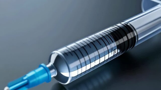 Close-up of hypodermic syringe with needle and blue cap, demonstrating medical equipment on plain background for healthcare industry