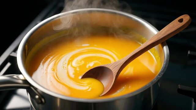 Pot of creamy pumpkin soup on stovetop, healthy recipe