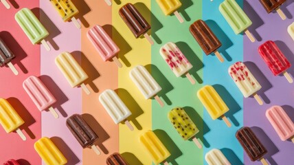 Colorful array of ice cream popsicles on rainbow background