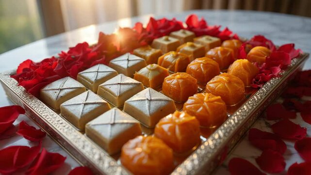 Assorted Indian mithai on a silver serving platter with rose petals for festive prasad and traditional celebration