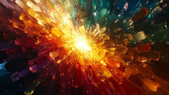 Multicolored glass shards burst outward from a bright center in an abstract radial pattern on a dark background, symbolizing energy and creativity