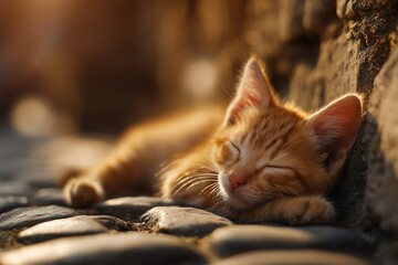 Small orange tabby kitten sleeping peacefully, relaxed pose with paws stretched, fur glowing in soft sunligh