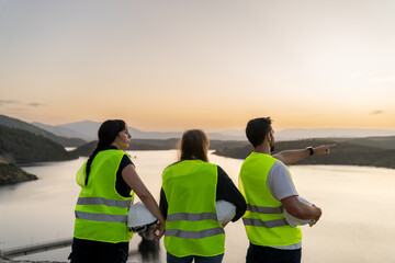 Young engineer pointing at lake during team discussion about future infrastructure project at sunset