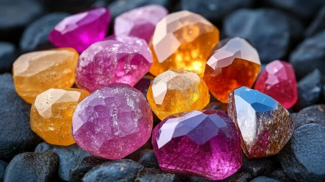 Assorted polished gemstones in pink, orange, and yellow hues on smooth black stones background, reflecting a concept of luxury and natural beauty