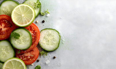Sliced cucumber, tomato, and lime arranged on gray surface with salt and pepper. Fresh healthy vegetable background with copy space.