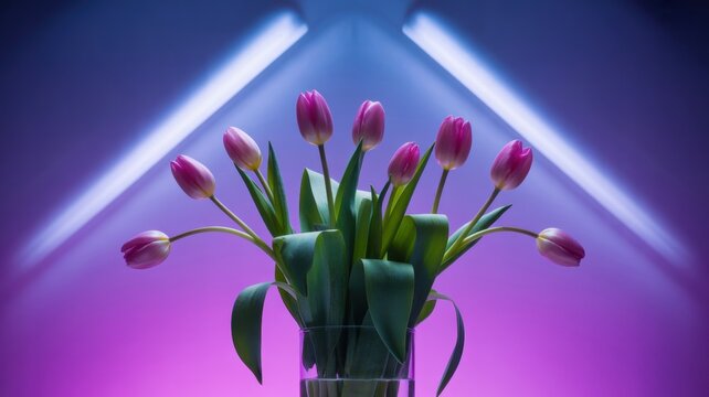 Vibrant pink tulips in modern neon lighting display - Powered by Adobe
