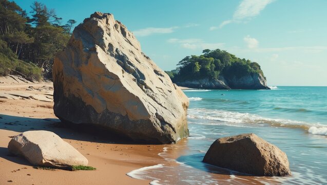 Rock on beach landscape holiday summer scene. Selective focus with empty copy space for text.