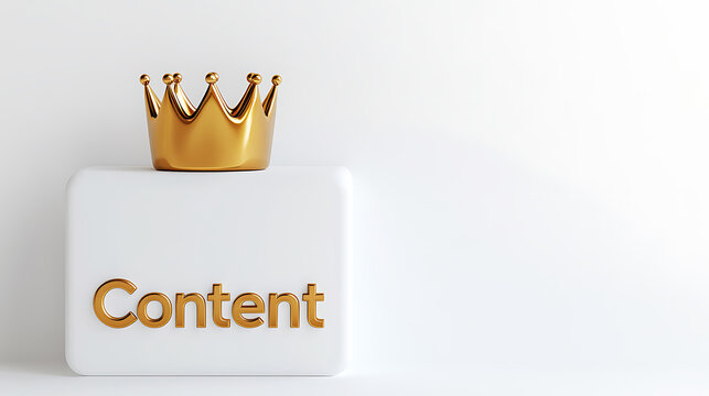 Content is king - concept of quality content with golden crown on top of podium with the word content on a white background.