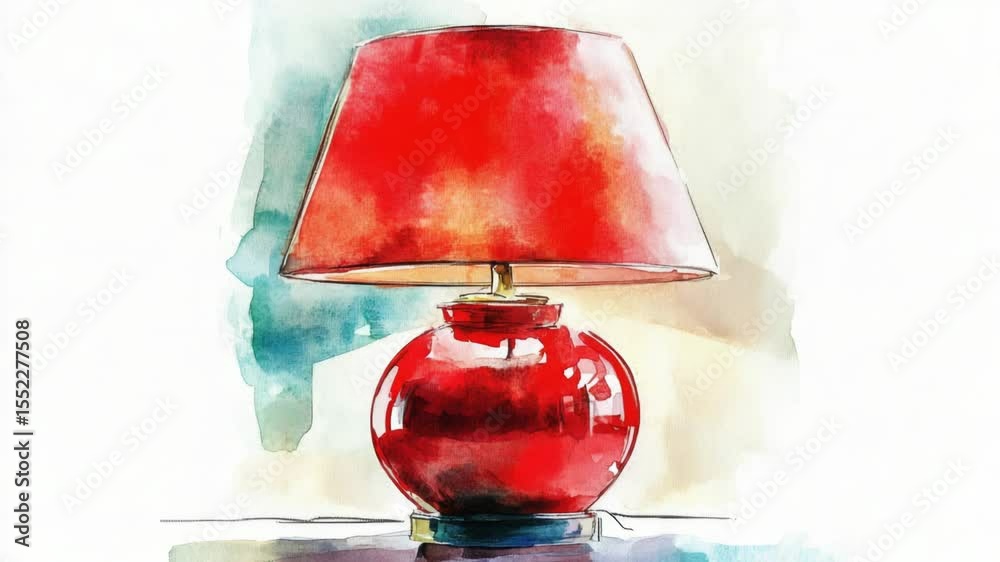 Poster a watercolor painting of a single red lamp sitting on a table, with a simple and elegant design