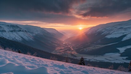 View Of A Valley with sunset after the first snow, featuring empty copy space for text.
