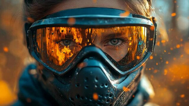 Intense close-up of paintball player wearing protective mask and goggles, dramatic bokeh background, concept of outdoor extreme sport battle