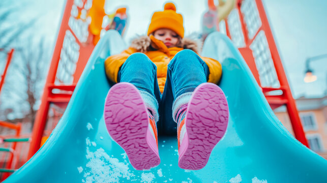 Childhood fun on a playground slide on a winter day
