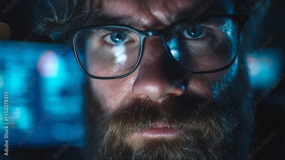 Poster focused bearded man wearing glasses intensely working late night on computer screen blue light glowi