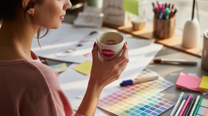 Young caucasian woman drinking coffee while working at creative desk with design samples