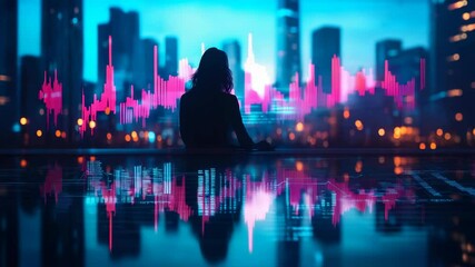 Silhouette of a businesswoman observing glowing financial charts, futuristic digital style, city skyline background, concept of data analysis - Powered by Adobe