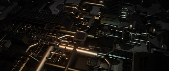 Futuristic Tech Panel Dark Metal Pipes 3D Render