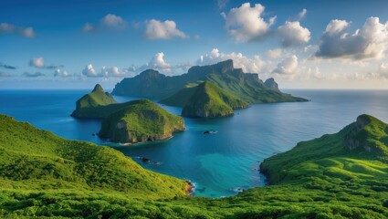 Amazing landscape photography from the Island with lush green hills and surrounding blue waters. Nature and scenic beauty. The concept of island landscapes and natural scenery