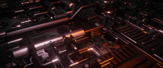 Abstract Industrial Tech Render Dark Metal Orange Accents