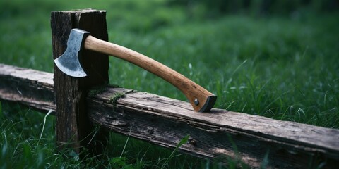 An axe embedded in an old wooden beam in the dark green grass with empty space for text