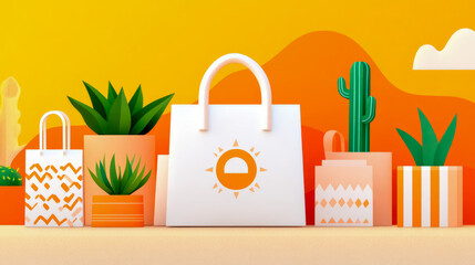 Fototapeta premium Sustainable Commerce: Playful product shot featuring stylized shopping bag and potted plant elements in orange, green, and white for eco-friendly branding.