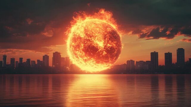 Gigantic burning sun sphere above city skyline at sunset, realistic style, with dark clouds and water reflection, concept of apocalypse