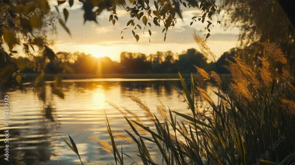 Poster a serene scene with the sun setting behind calm waters, perfect for use in travel or nature-inspired