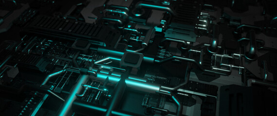 Futuristic Tech Panel Dark Sci-Fi Background Abstract 3D Render Cyberpunk Glowing Pipes Industrial Design Metal Texture Technology Engineering Circuit Board Abstract Background Dark Background