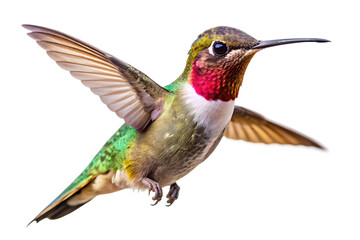 Fototapeta premium Male Anna's Hummingbird with iridescent red gorget and green body in flight isolated on a transparent background