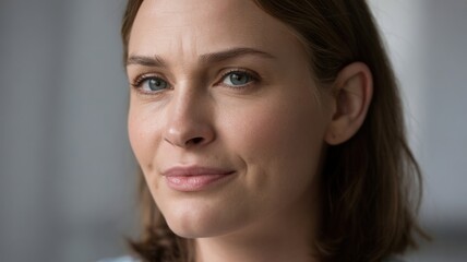 Obraz premium Confident young caucasian female with short brown hair and neutral expression