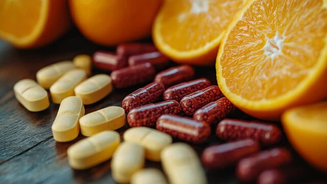 Yellow tablets and red capsules placed near fresh sliced oranges on a rustic wooden surface, symbolizing vitamin supplements and natural health