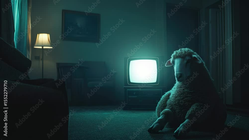 Poster A sheep sits in front of a television set in a dark room, focused on the screen
