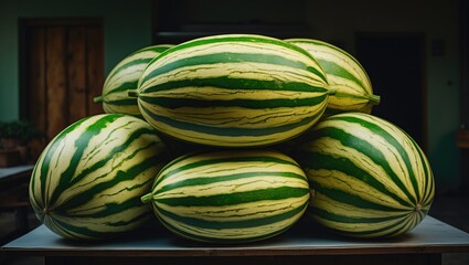 A stack of large organic oblong shaped green and yellow striped watermelons on a table. The melons have thick peels, with a striped pattern and a juicy interior.
