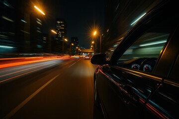 Speedy night drive in city ends in parking Side motion blur and light trails Urban technology concept illustration
