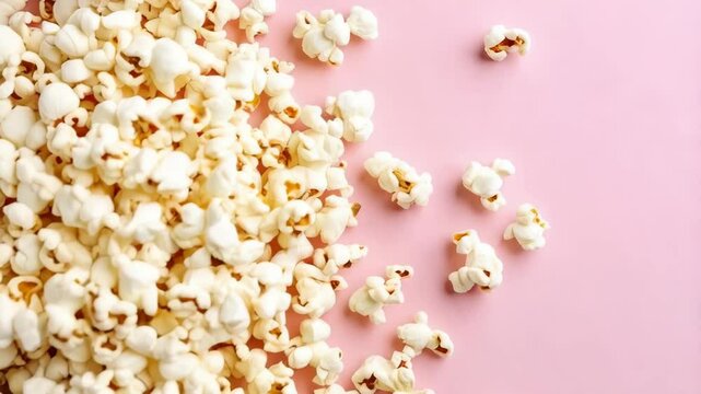 Macro overhead shot of fresh popcorn scattered on a plain pink surface for a simple background and modern layout for advertisement