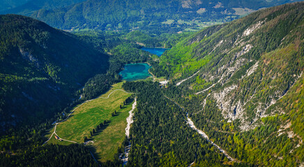 Drone aerial scenic summer landscape of the Julian Alps, Europe