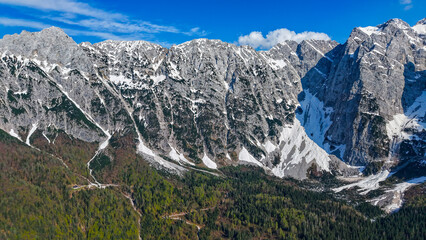 Drone aerial scenic summer landscape of the Julian Alps, Europe