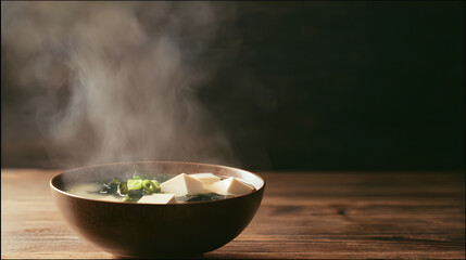 Minimalist Close-Up of Traditional Japanese Miso Soup with Steaming Tofu and Seaweed in Elegant Bowl