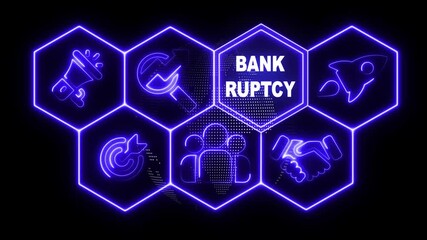 Glowing neon sign Bankruptcy concept button on a futuristic computer screen display with hexagon shapes and sciencetic symbols on rotating world map icon. technology network background - Powered by Adobe