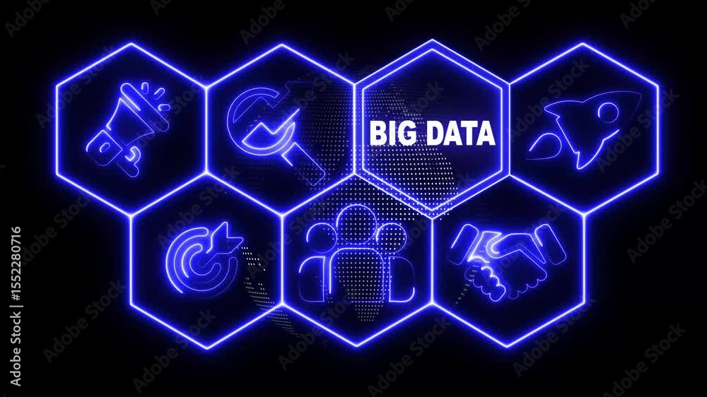 Wall mural glowing neon sign big data concept button on a futuristic computer screen display with hexagon shape
