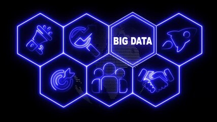 Glowing neon sign Big Data concept button on a futuristic computer screen display with hexagon shapes and sciencetic symbols on rotating world map icon. technology network background - Powered by Adobe