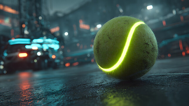 Digital Tennis Ball on Court, Symbolizing Technology Integration and Sports Innovation in the Modern Era of Athletic Performance and Technological Advancement : Generative AI