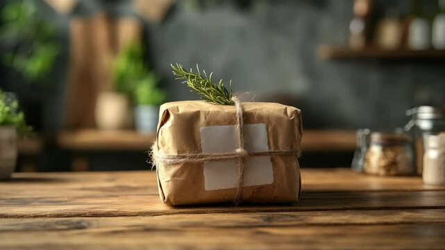 Brown paper-wrapped package tied with string and rosemary, placed on rustic wooden table in cozy kitchen setting, concept of handmade gift