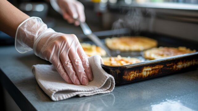 Hand in glove preparing homemade bread in kitchen