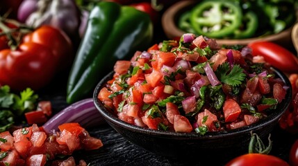 A delicious bowl of colorful salsa made with diced tomatoes, onions, and herbs, surrounded by fresh vegetables, promising a burst of flavor and freshness.