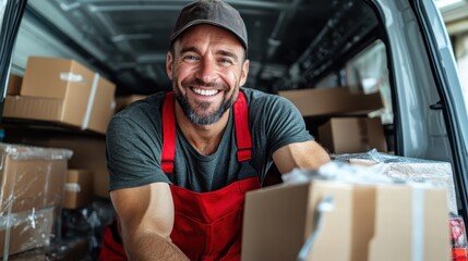 A smiling delivery man in a red outfit, unloading packages from a van, representing the efficiency and friendliness of modern logistics and delivery services.