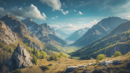 Panorama of a beautiful mountainous area with sunny weather in the afternoon, showcasing a spring landscape with mountains and an empty space for text