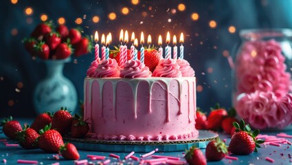Birthday Cake with Pink Cream and Strawberries - Make a Wish and Blow Out the Candles with Blank Space for Text