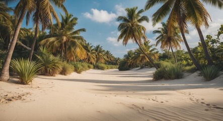 Obraz premium The Beautiful Landscape Of The Deserted Sandy Beach, Shaded By Palm Trees And Tropical Plants